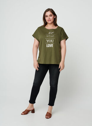 Short-sleeved cotton t-shirt w ith print, Ivy green w. Love, Model image number 2