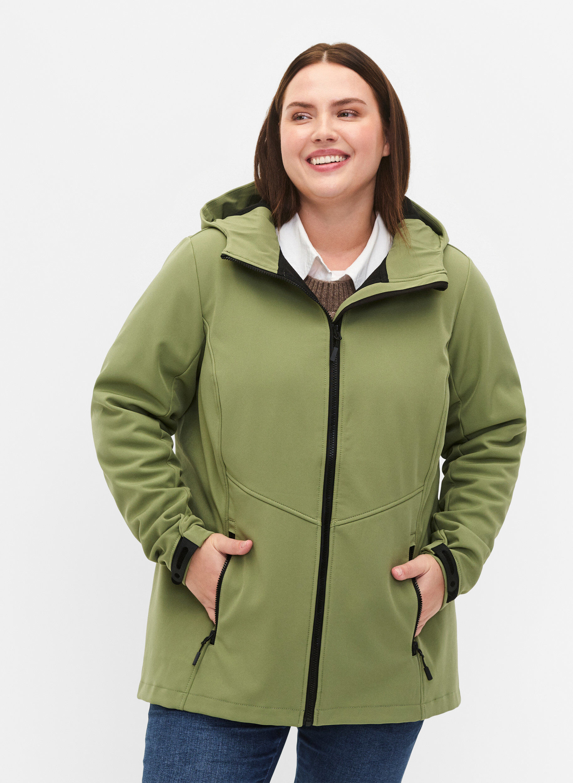 Zizzifashion Short softshell jacket with pockets, Oil Green, Model image number 0