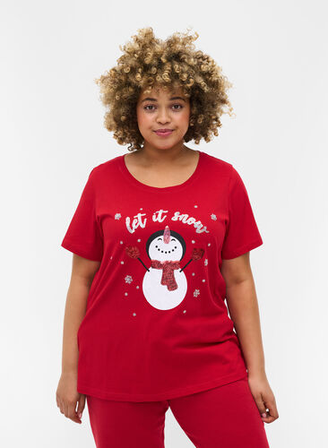 Christmas t-shirt in cotton, Tango Red Snowman, Model image number 0