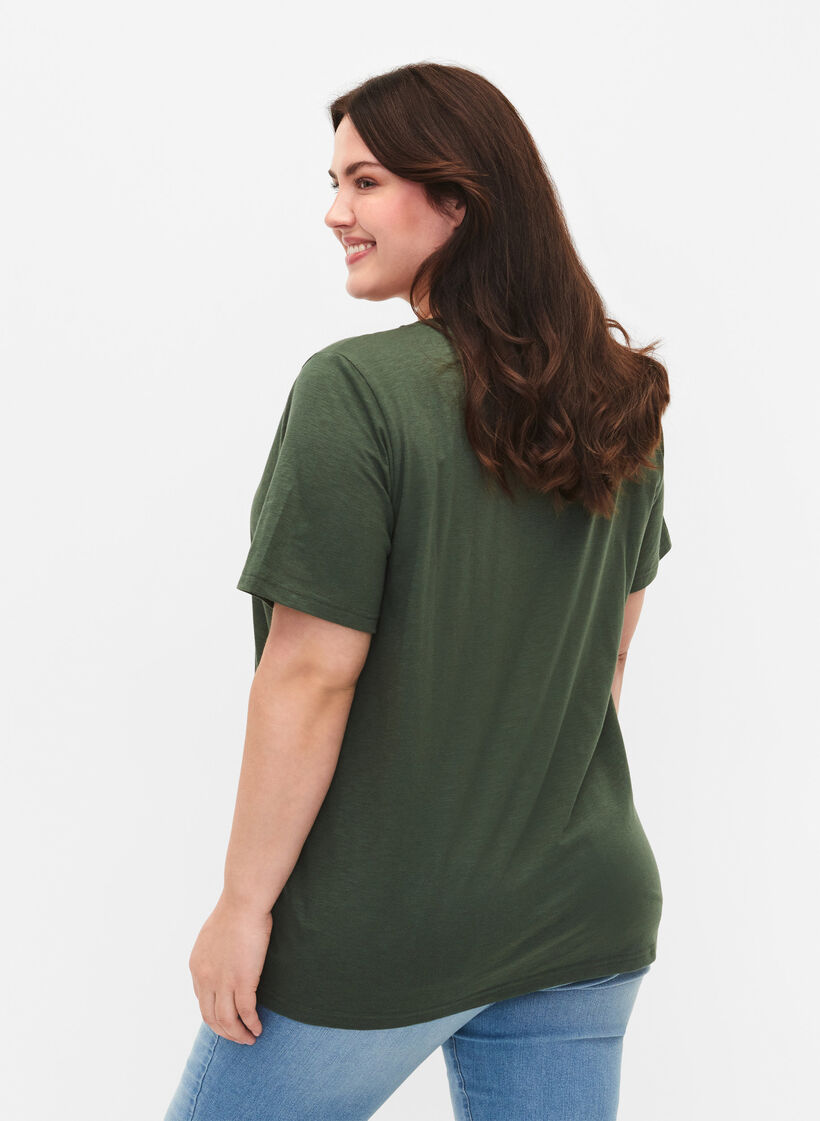 Short-sleeved basic t-shirt with v-neck, Green, Model image number 2