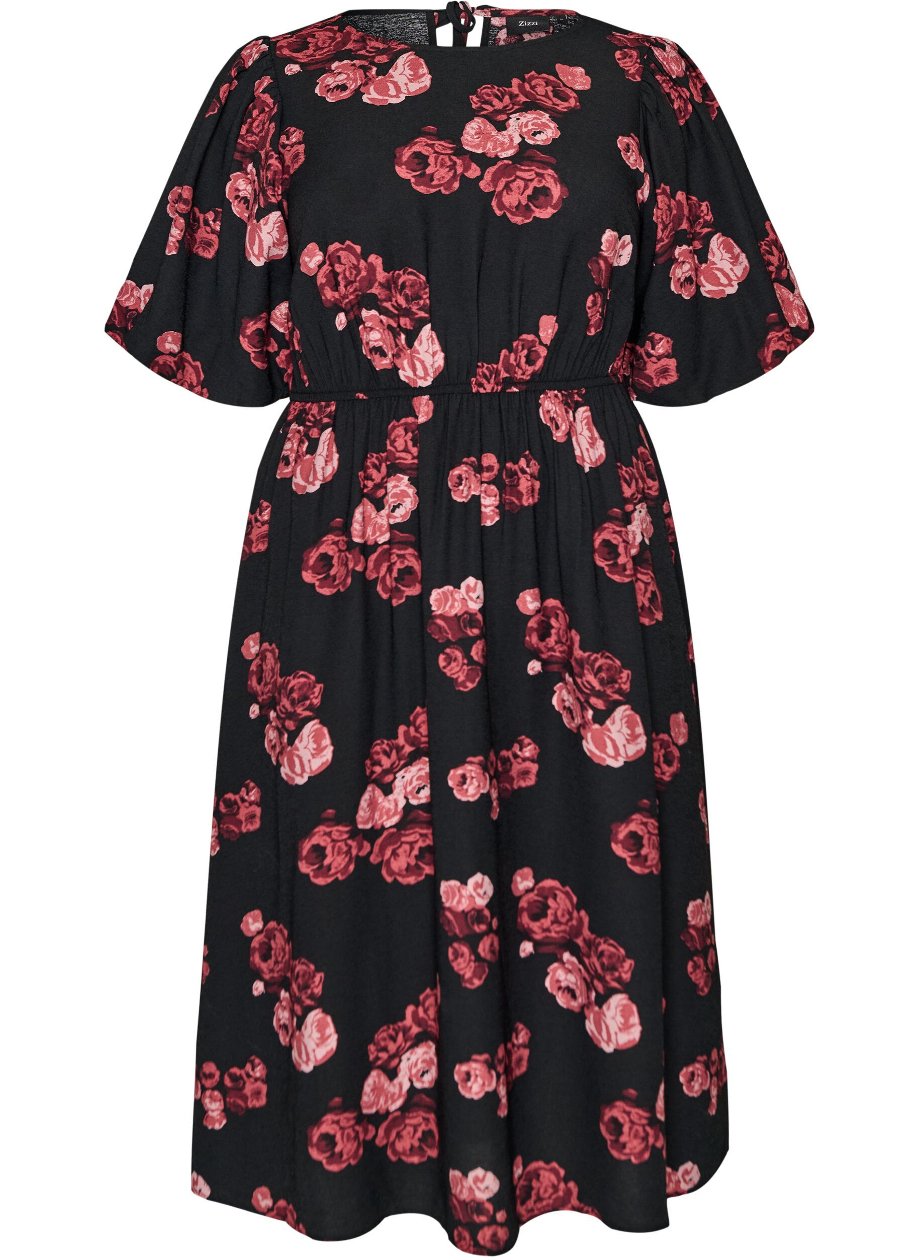 ZizzifashionMidi dress with rose print and short balloon sleeves, Black, Packshot image number 0