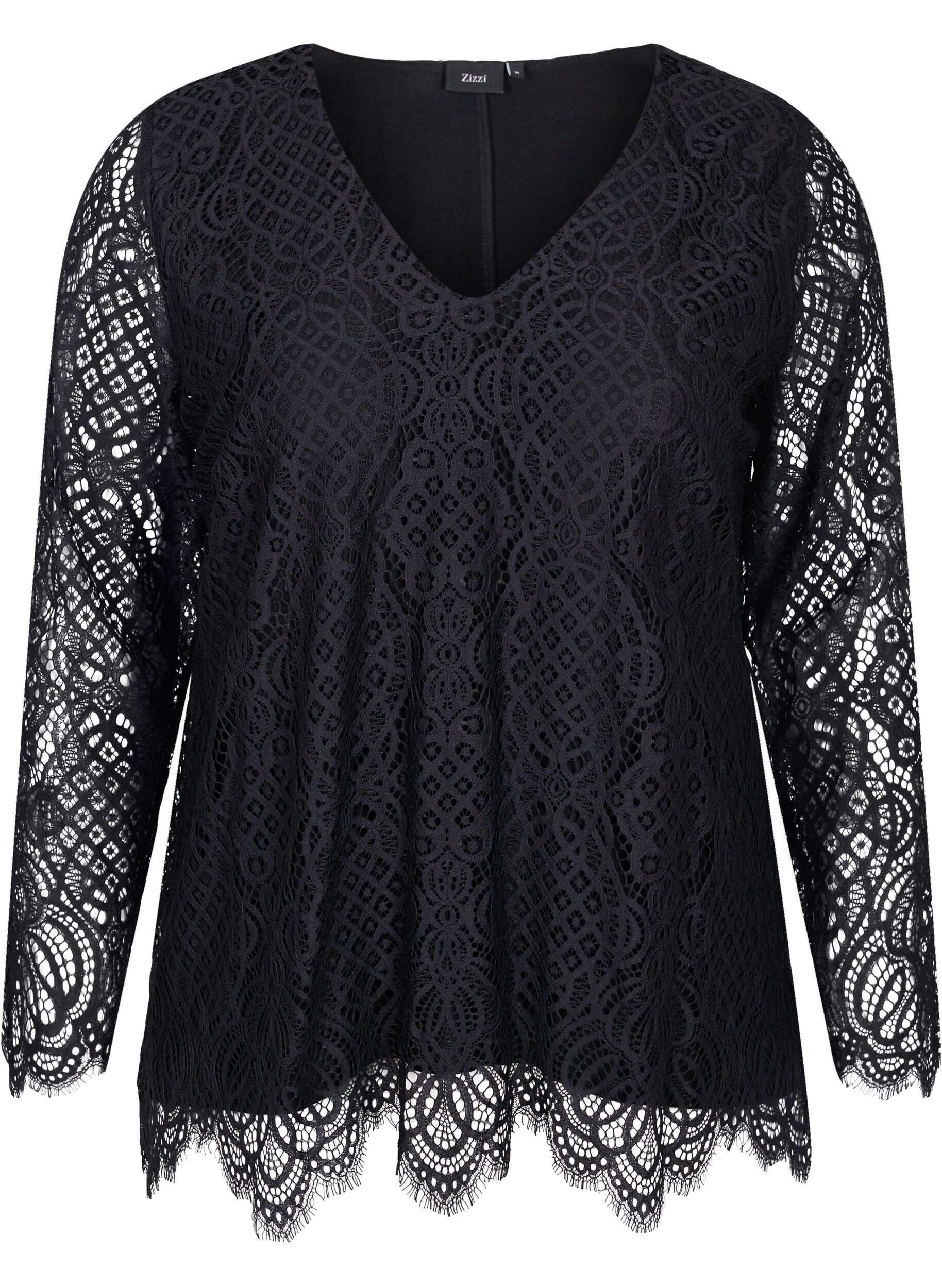 Zizzifashion Long-sleeved lace blouse with v-neck, Black, Packshot image number 0