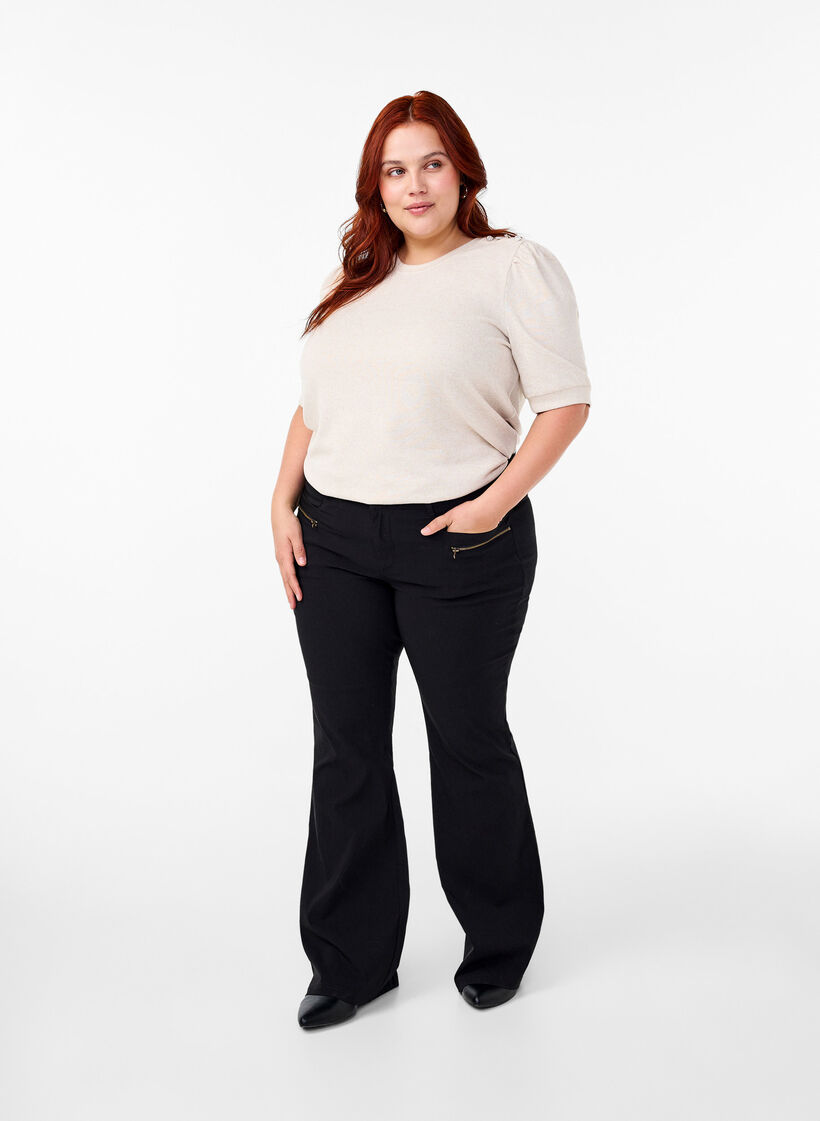 Blouse with button detail and short puff sleeves, Beige, Model image number 1