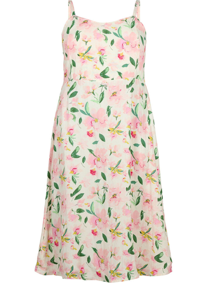 Floral viscose strap dress with smocking, Off White Flower, Packshot image number 0