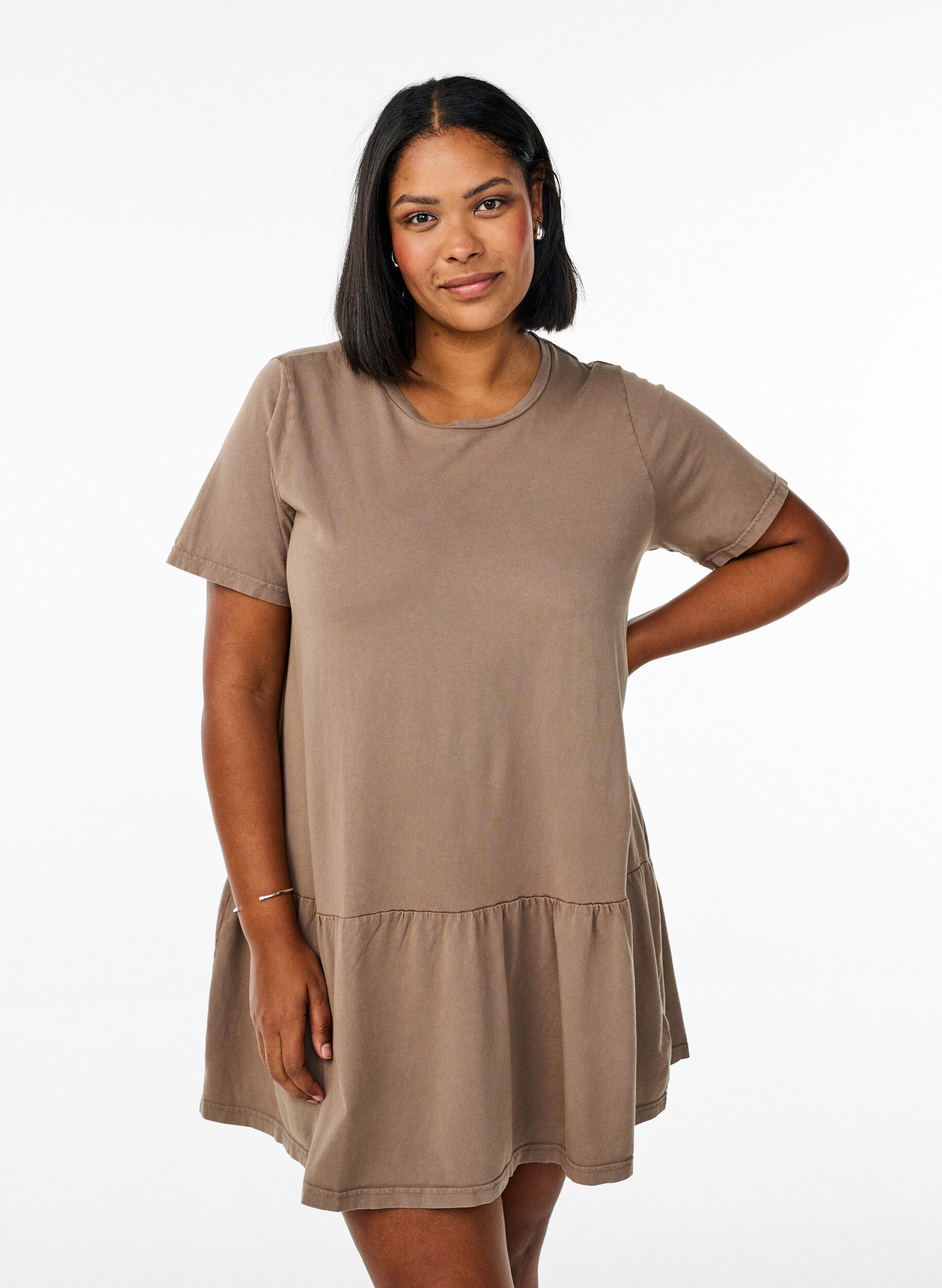 Zizzifashion Short A-line dress with a washed look, Brown, Model image number 0