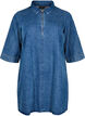Short denim dress with zipper and 3/4 sleeves, Blue, Packshot image number 0
