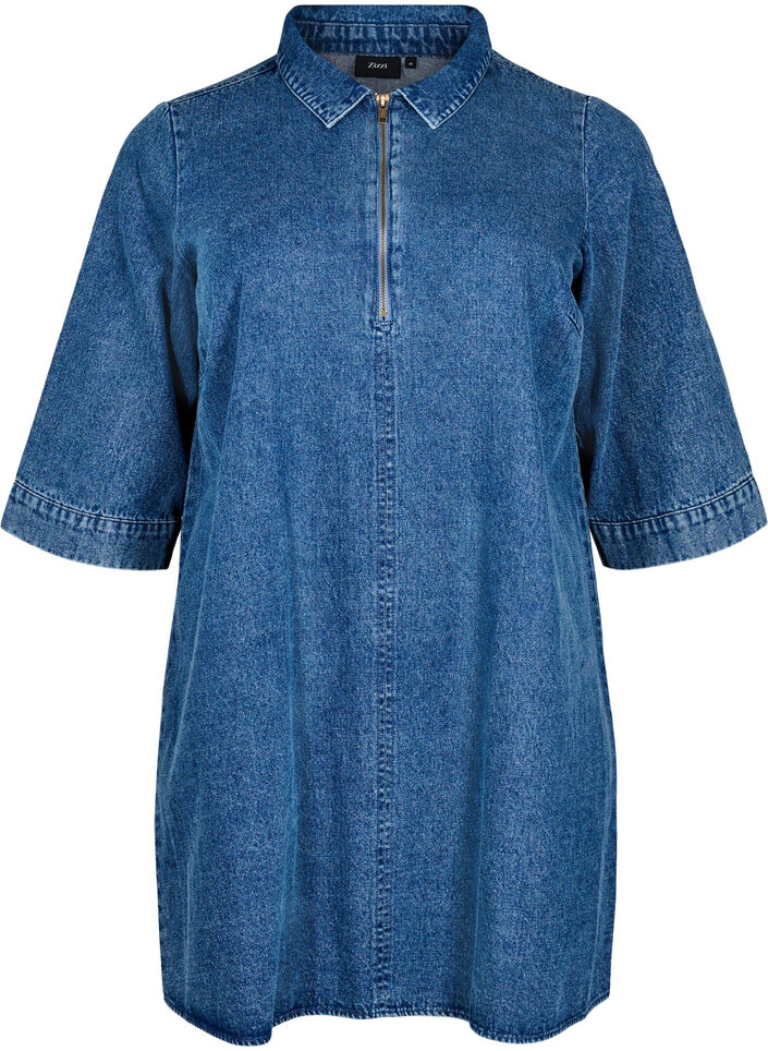 Short denim dress with zipper and 3/4 sleeves, Blue, Packshot image number 0
