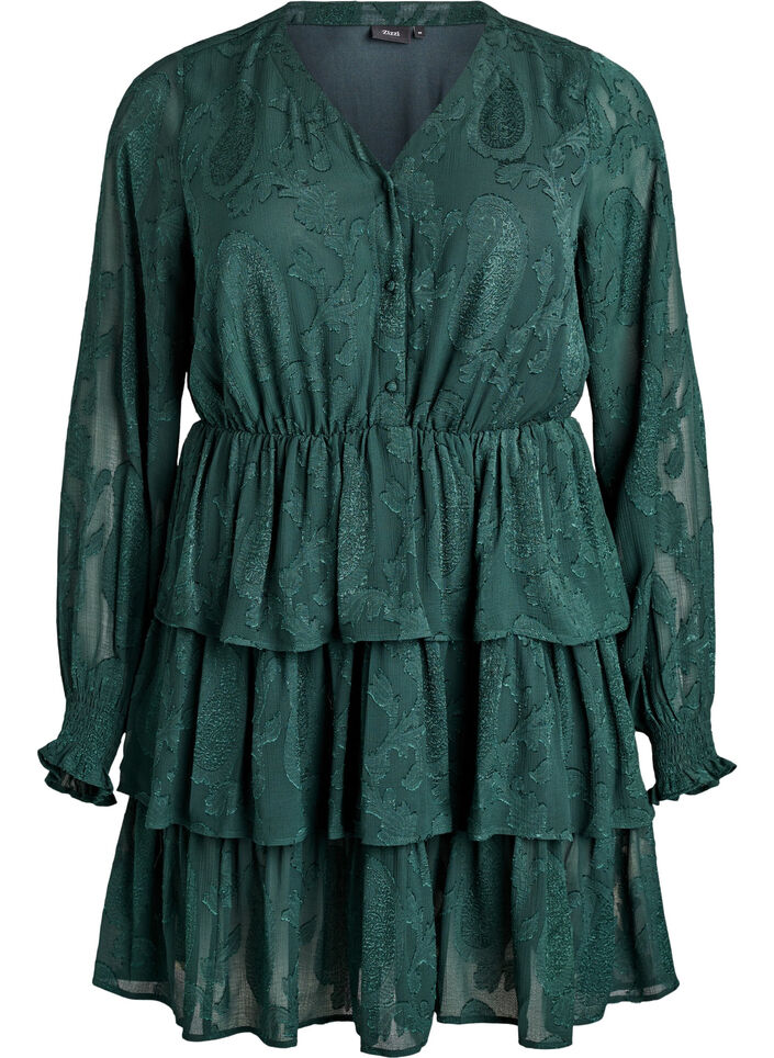 Short dress with ruffles and a textured pattern, Green, Packshot image number 0