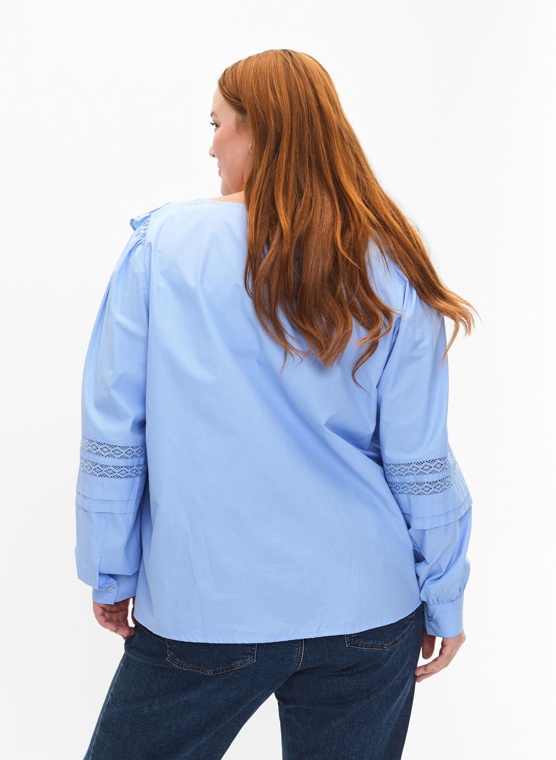 Zizzifashion Blouse with ruffles and lace trim, Light Blue, Model image number 2