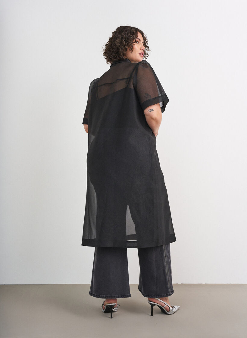 Organza dress with chest pockets and puff sleeves, Black, Model image number 2
