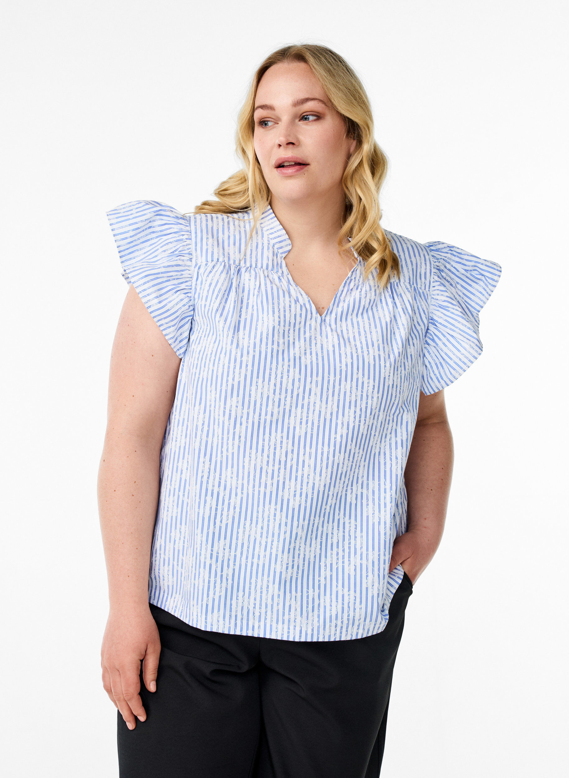 Sleeveless blouse with stripes and floral print, Light Blue, Model