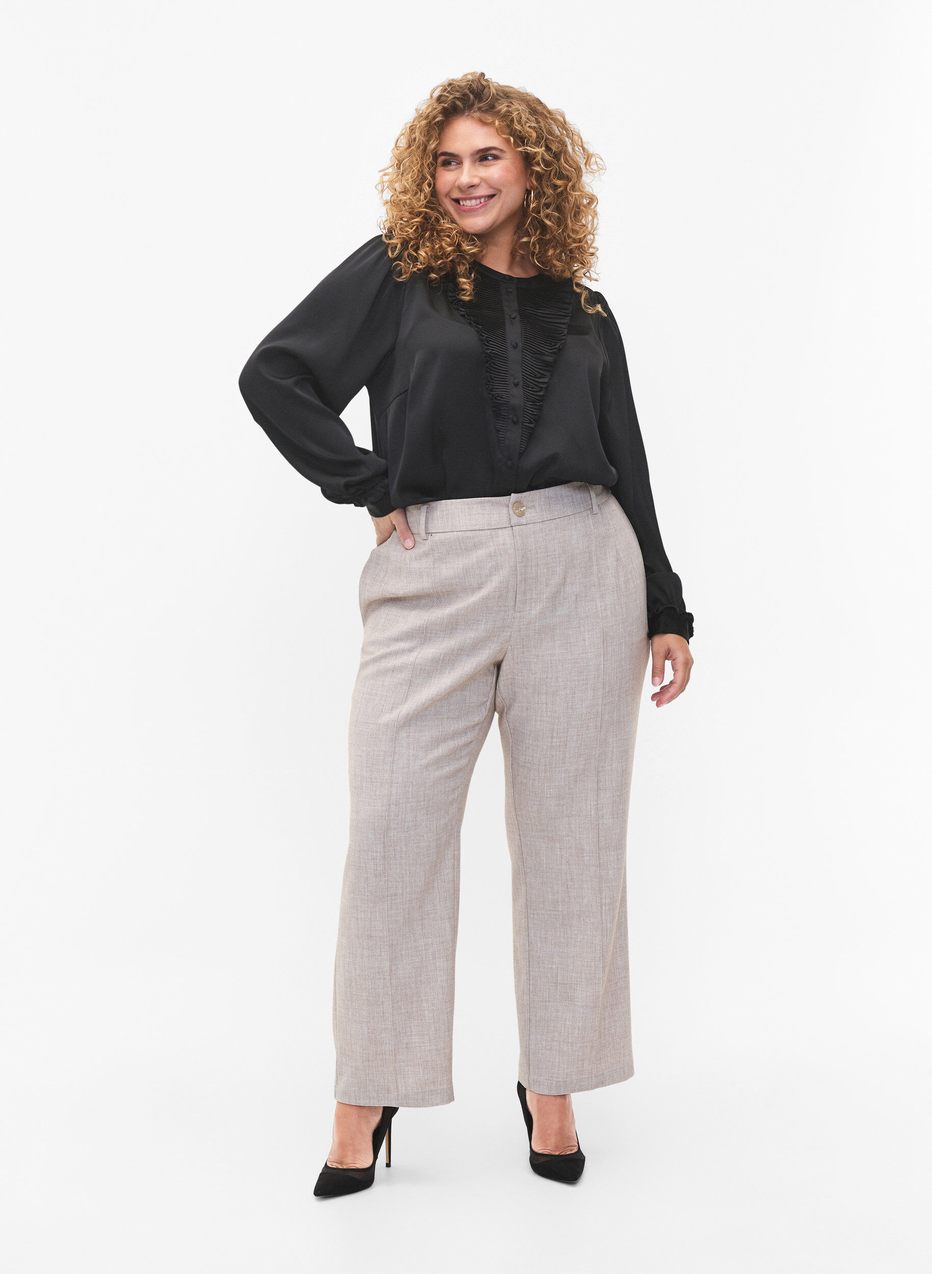 Zizzifashion Satin shirt blouse with ruffle details, Black, Model image number 2