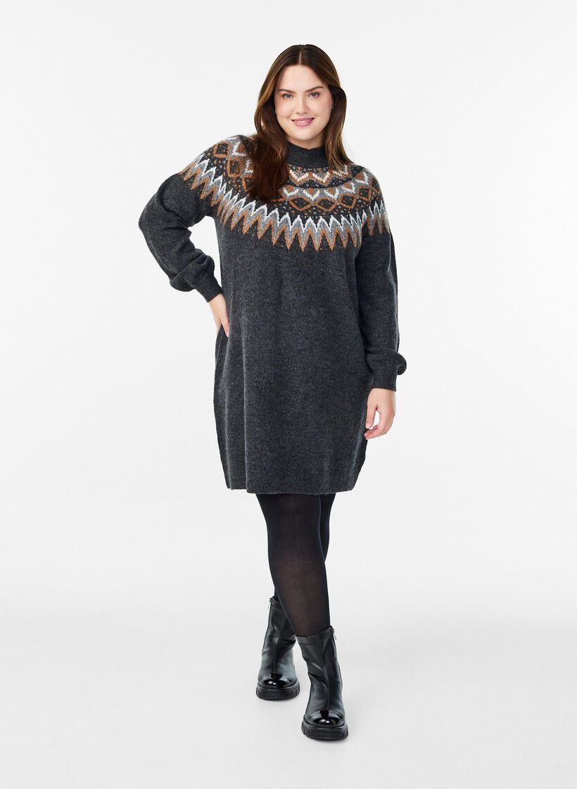 Knitted dress with jacquard pattern and balloon sleeves, Dark Grey, Model image number 1