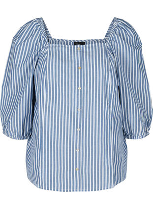 Striped cotton blouse with 3/4 sleeves, Bijou Blue Stripe, Packshot image number 0