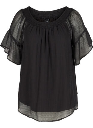 Short-sleeved blouse with smock and light structure, Black, Packshot image number 0