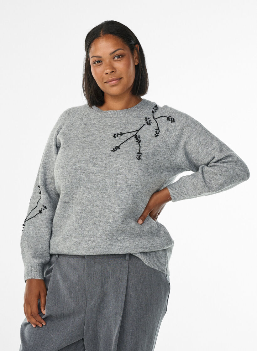 Jumper with pearl embroidery, Grey, Model