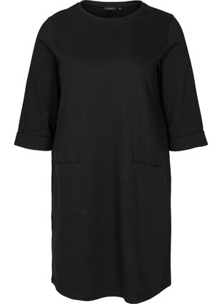 Cotton sweat dress with 3/4 sleeves and pockets, Black, Packshot image number 0