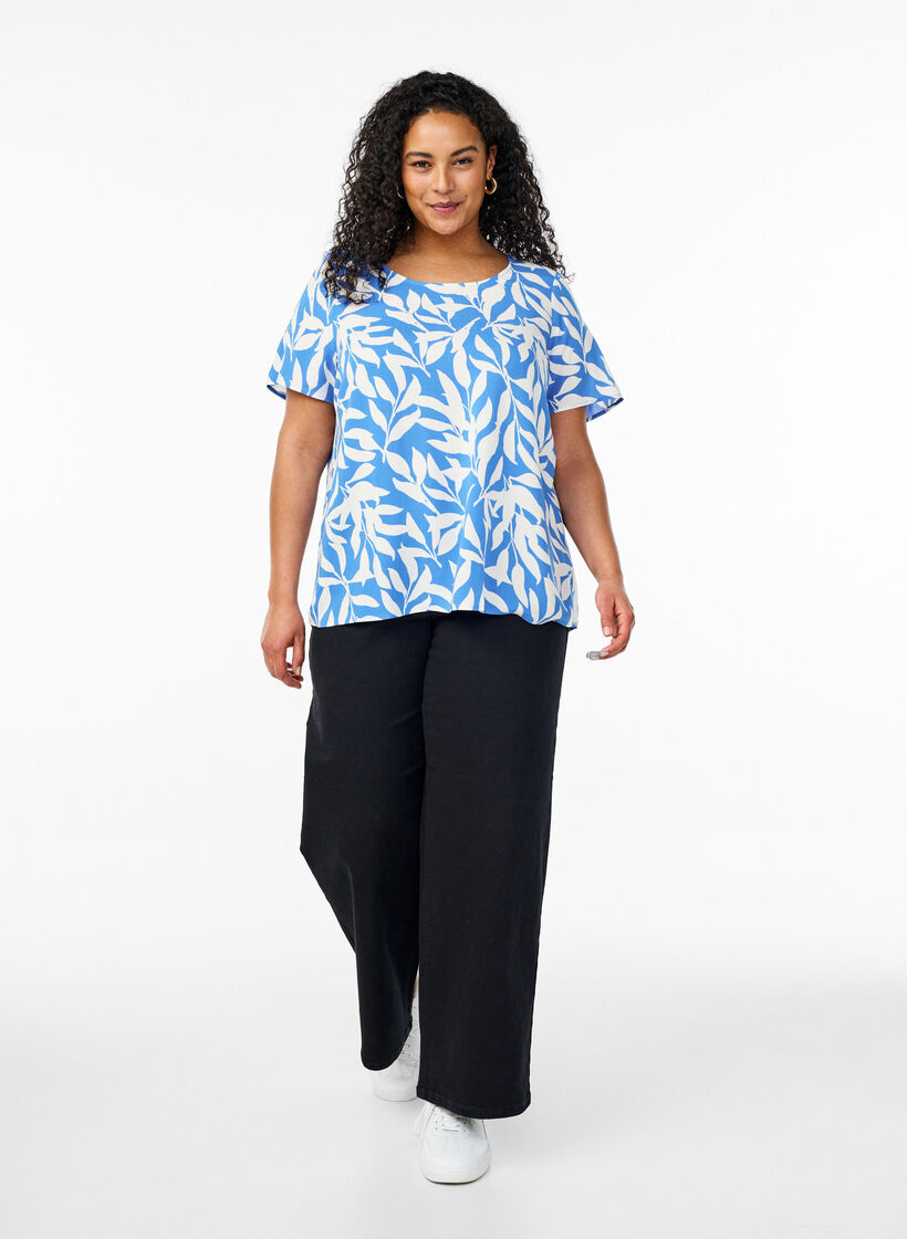 Short sleeve viscose blouse with print, Blue, Model image number 1