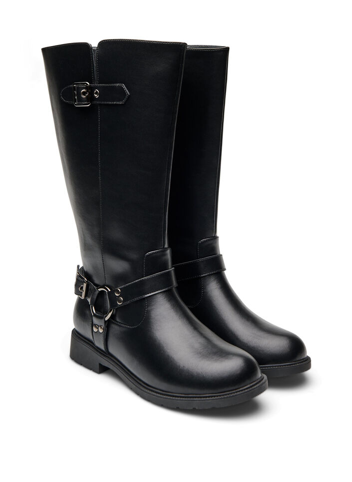 High leather boot with decorative buckles, Black, Packshot