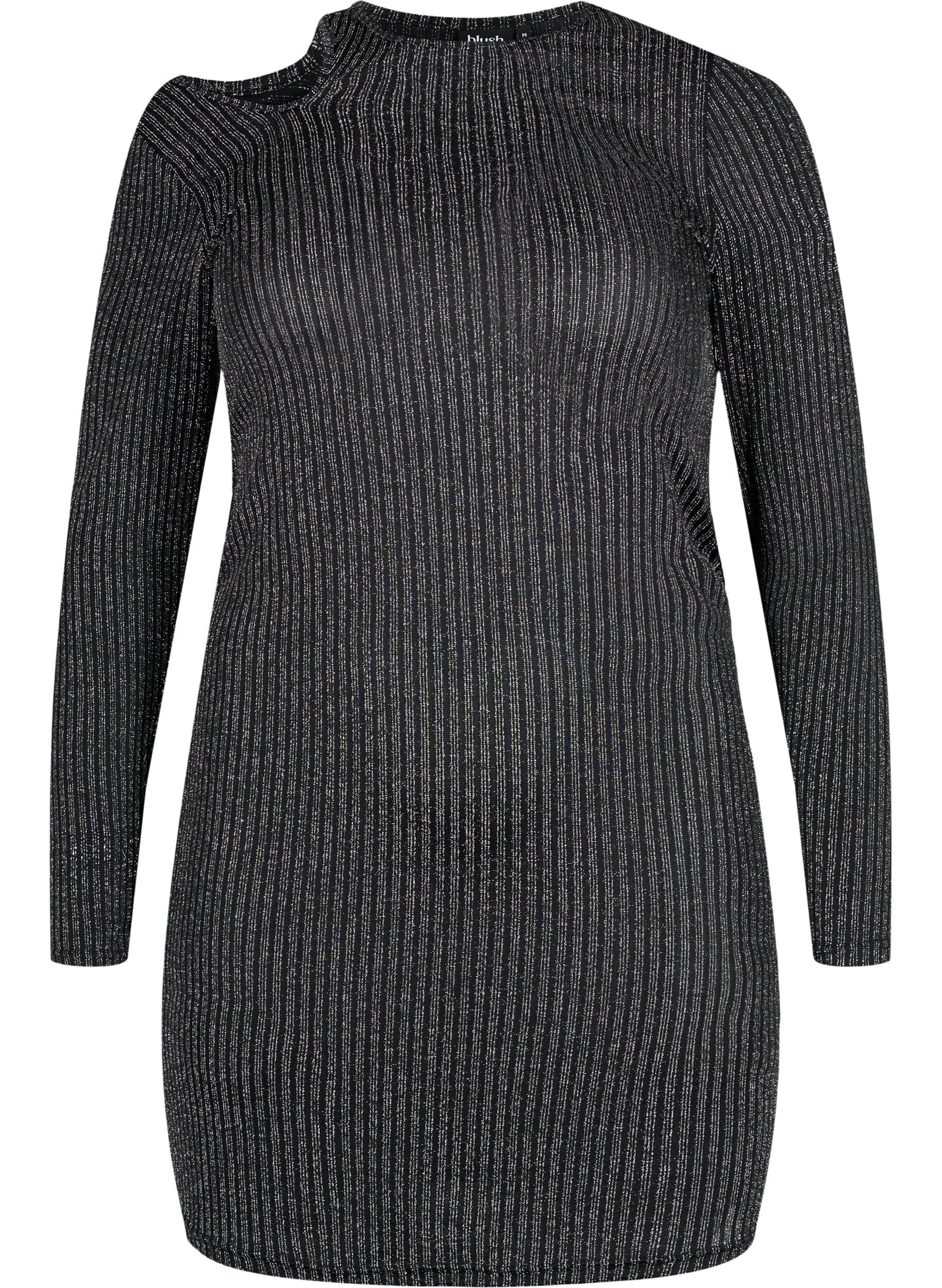 Zizzifashion Long sleeve cut-out dress with glitter, B.w. Silver Stripes, Packshot image number 0