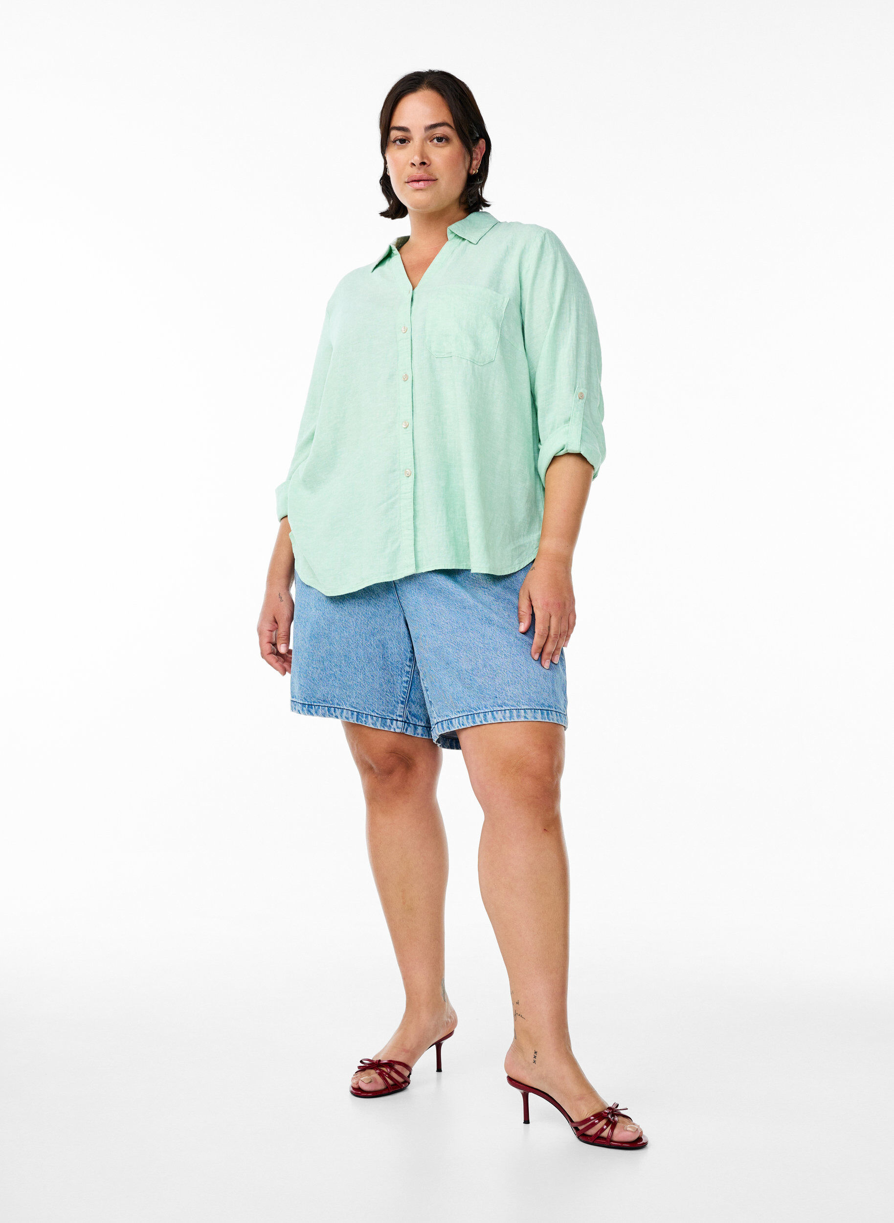 Zizzifashion Shirt in linen and viscose with 3/4 sleeves, Green, Model image number 1