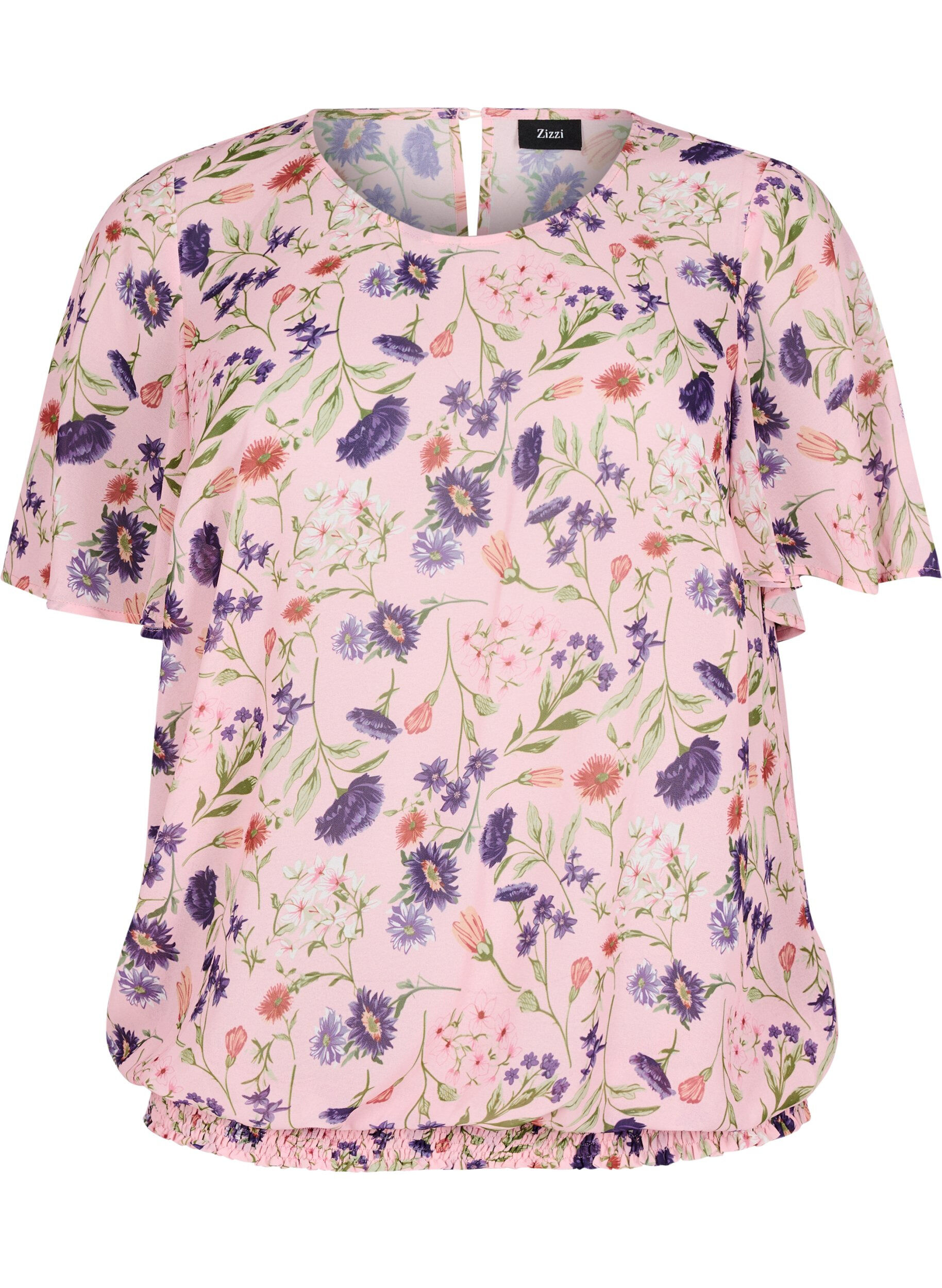 Zizzifashion Floral blouse with short sleeves and smocking, Rose, Packshot image number 0