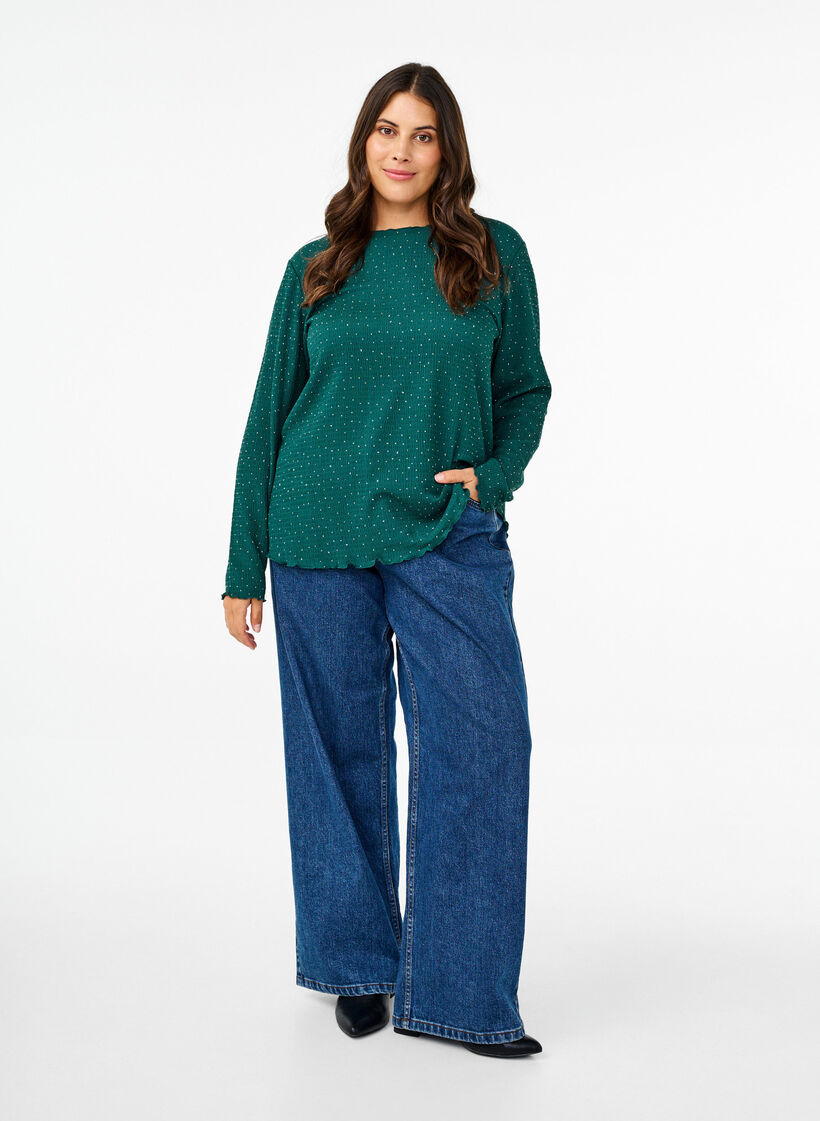 Long-sleeved blouse with rhinestones, Green, Model image number 1