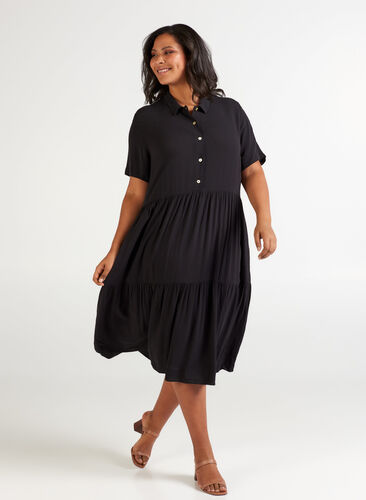 Short-sleeve viscose midi dress, Black solid , Model image number 0