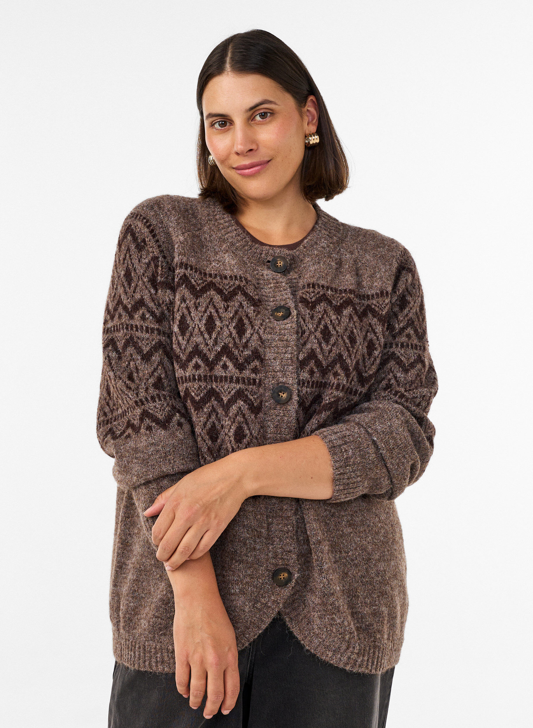 Jacquard pattern cardigan, Brown, Model