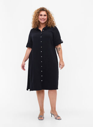 Cotton shirt dress with short sleeves, Black, Model image number 2