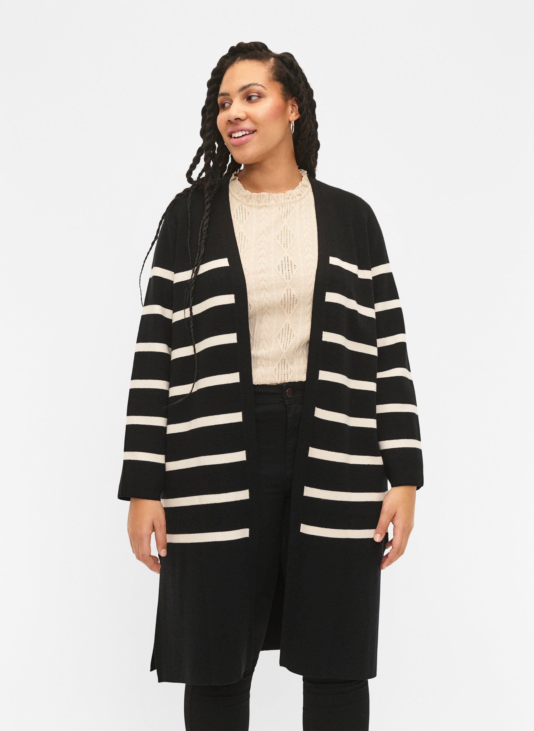 Zizzifashion Striped knit cardigan in viscose blend, Black w. Birch, Model image number 0