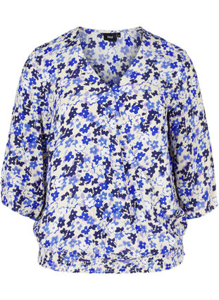 Floral viscose blouse with 3/4 sleeves, Blue Flower AOP, Packshot image number 0