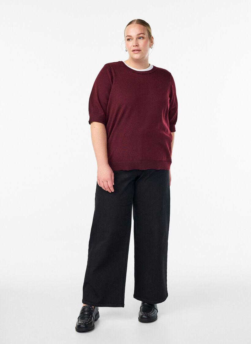 Fine-knit blouse with short sleeves, Red, Model image number 1
