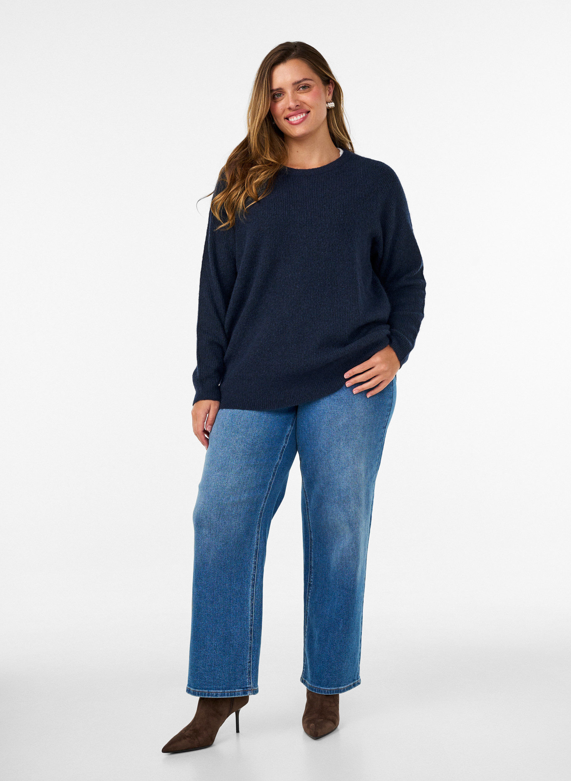 ZizzifashionMelange knit blouse with round neck, Blue, Model image number 1