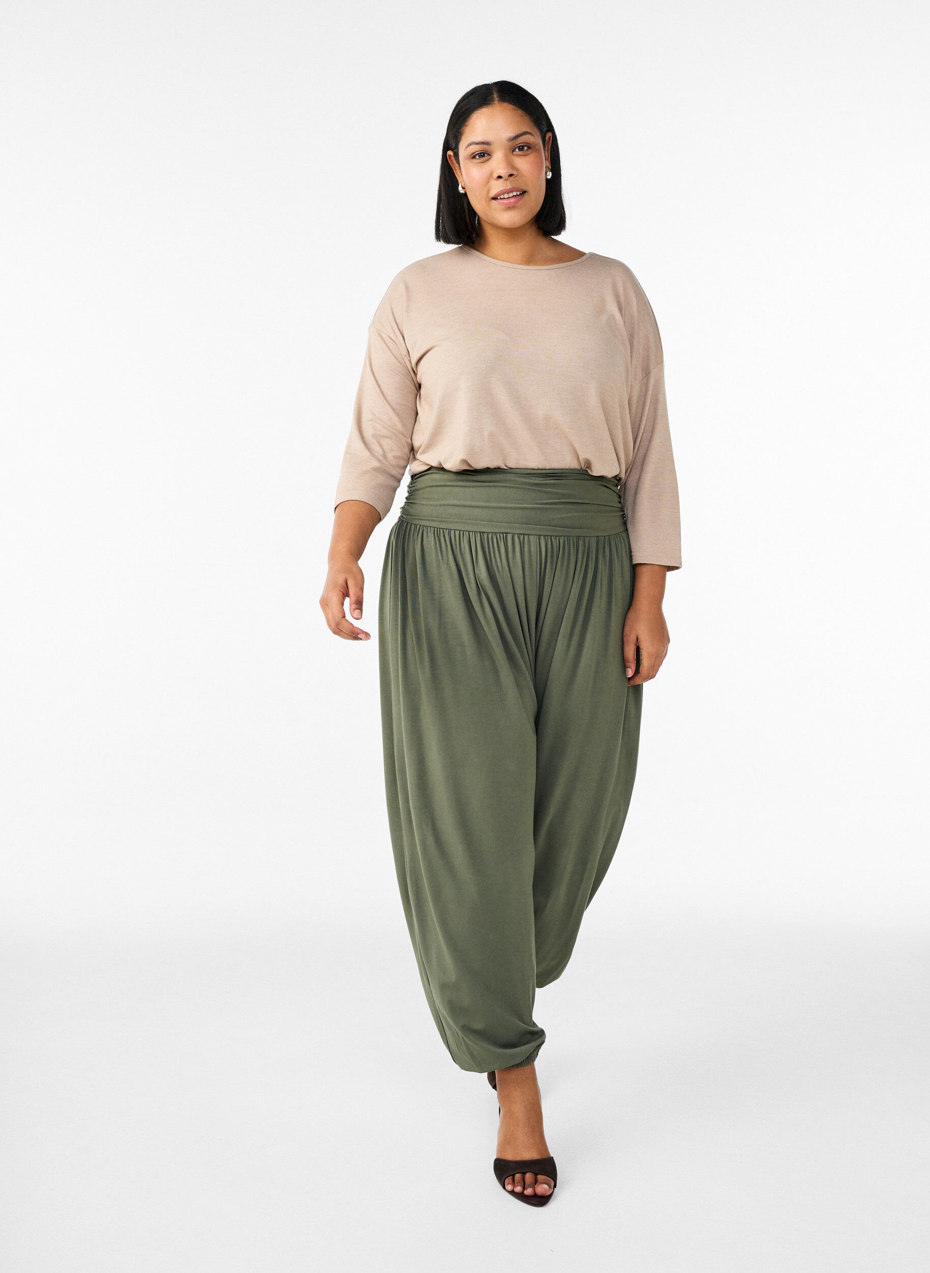 Zizzifashion Jersey blouse with 3/4 sleeves, Beige, Model image number 1