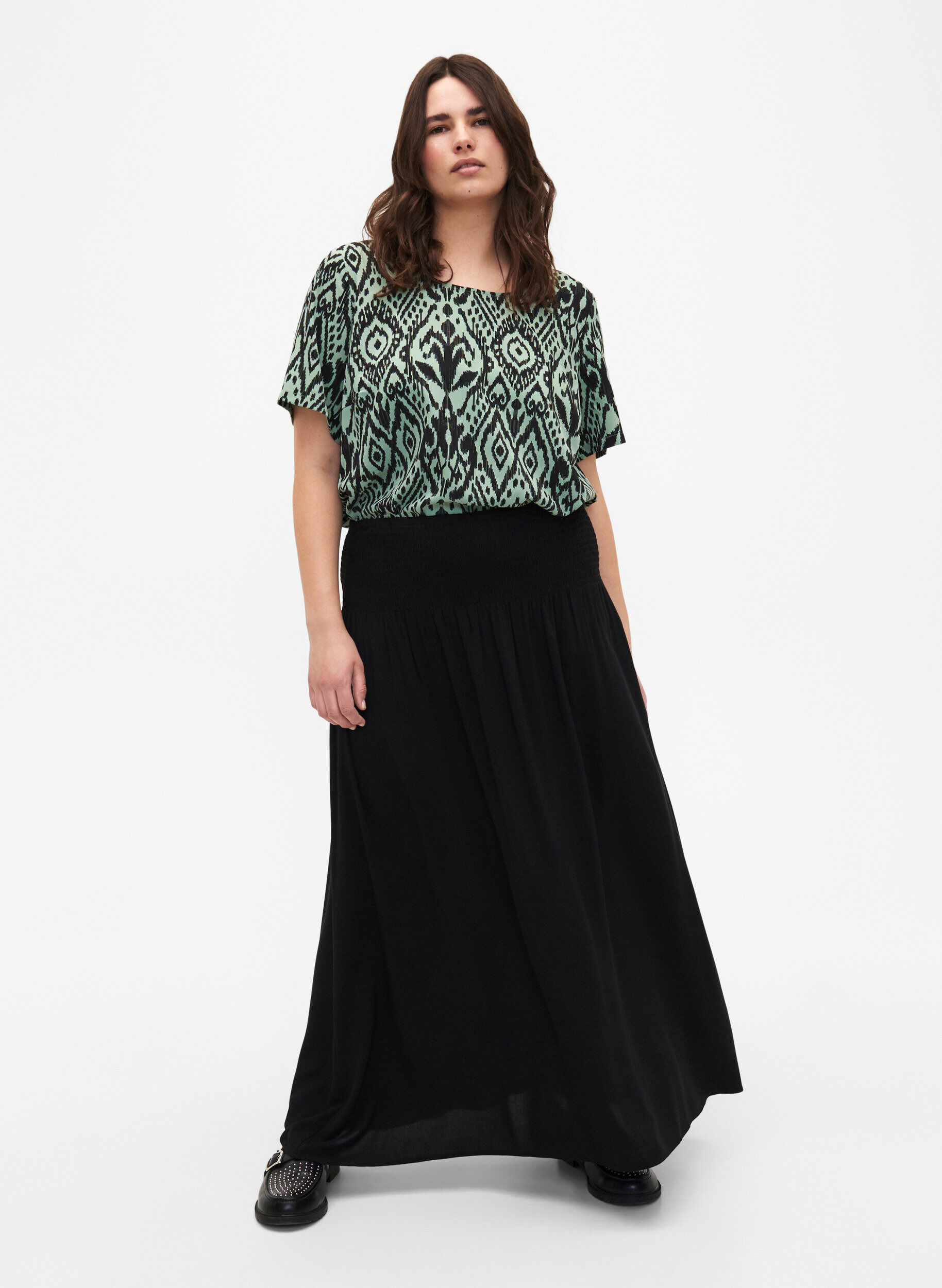 Zizzifashion FLASH - Viscose maxi skirt with smocking, Black, Model image number 1