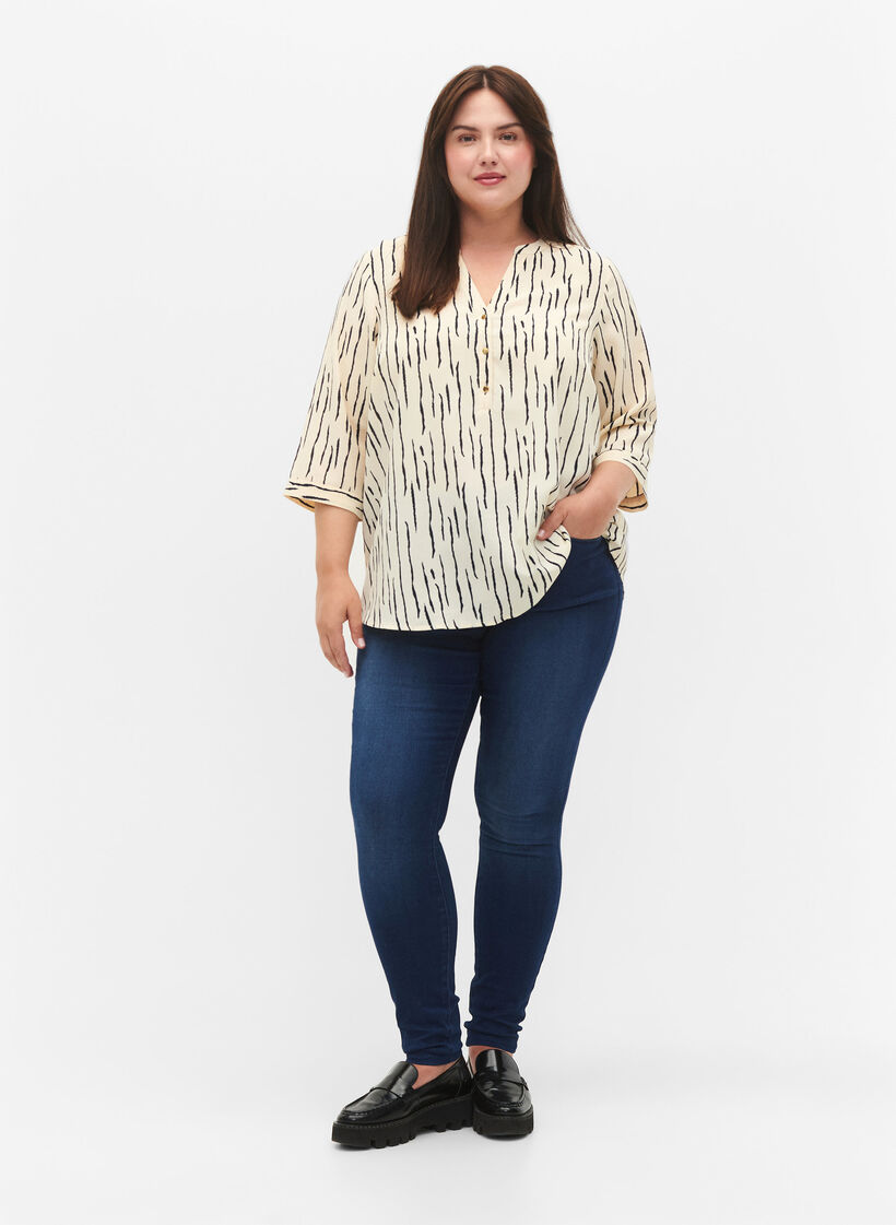 Blouse with 3/4 sleeves and print, Off White Stripe, Model image number 2