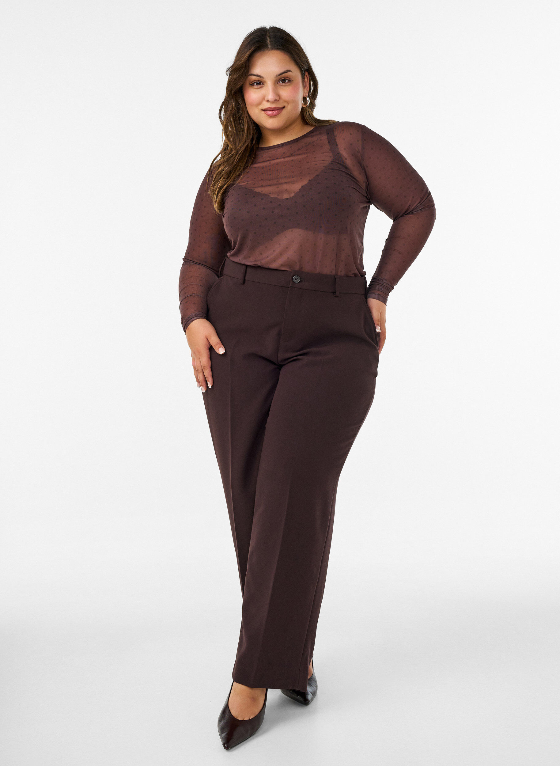 ZizzifashionMesh blouse with print, Brown, Model image number 1