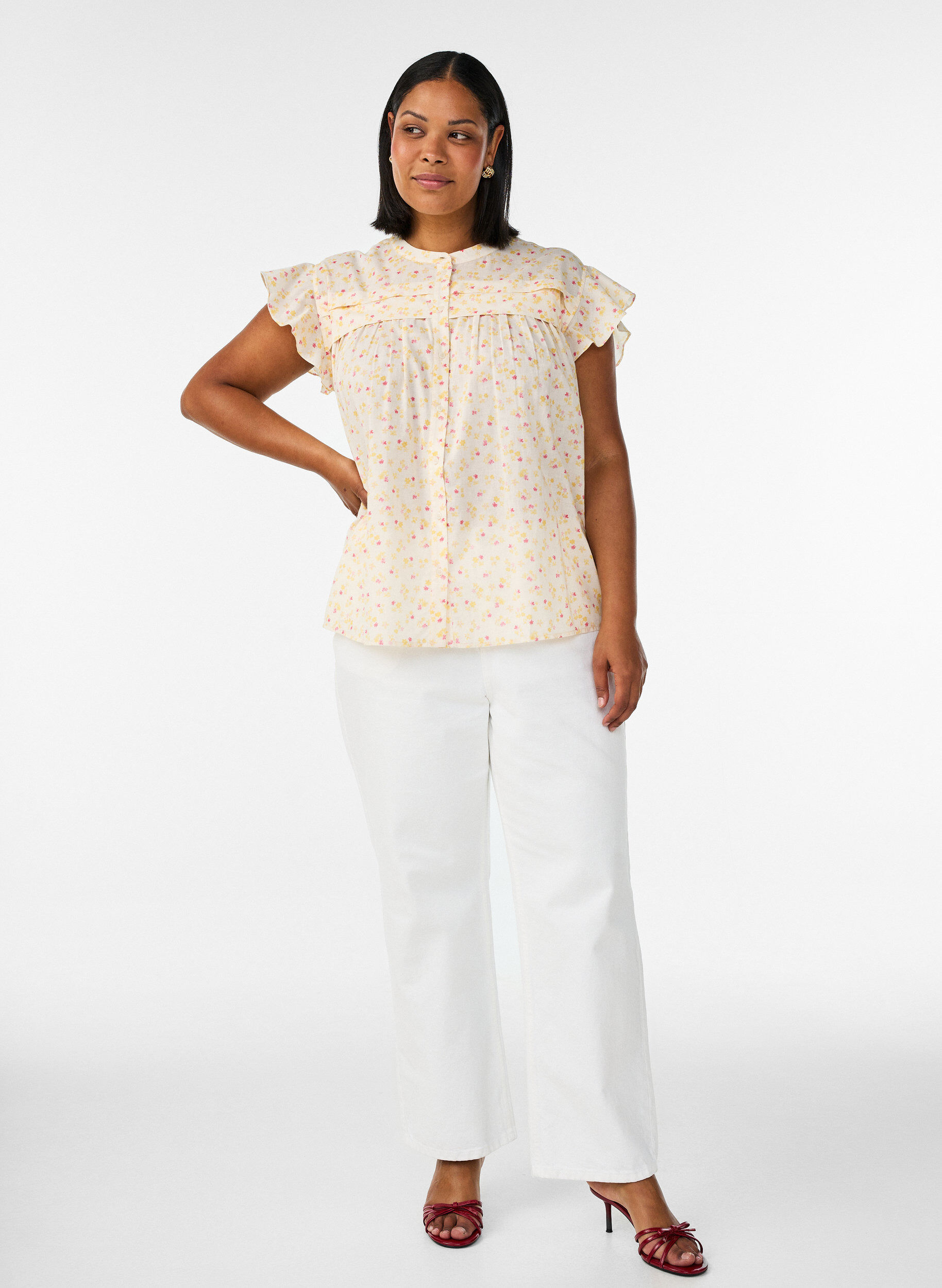 Zizzifashion Sleeveless A-line cotton shirt blouse, Yellow, Model image number 1