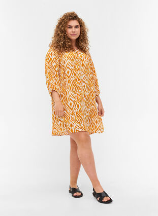 Printed viscose tunic with 3/4 sleeves, Golden Yellow AOP, Model image number 2