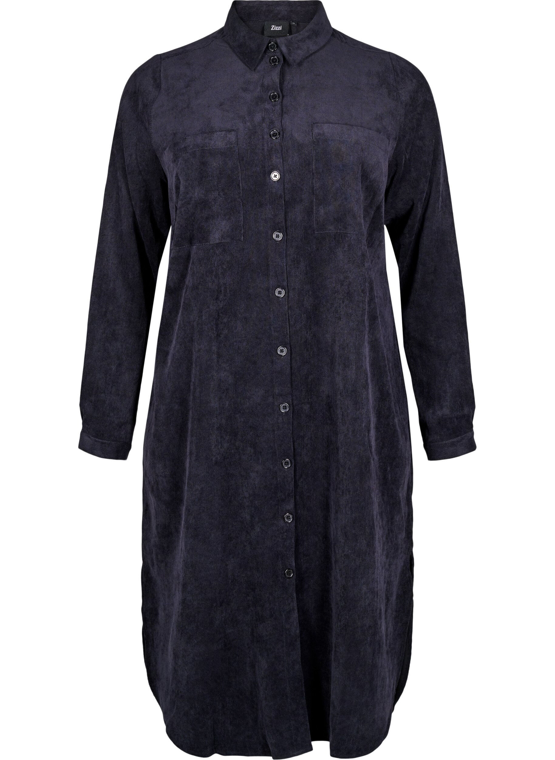 Zizzifashion Long corduroy shirt dress with buttons, Black, Packshot image number 0