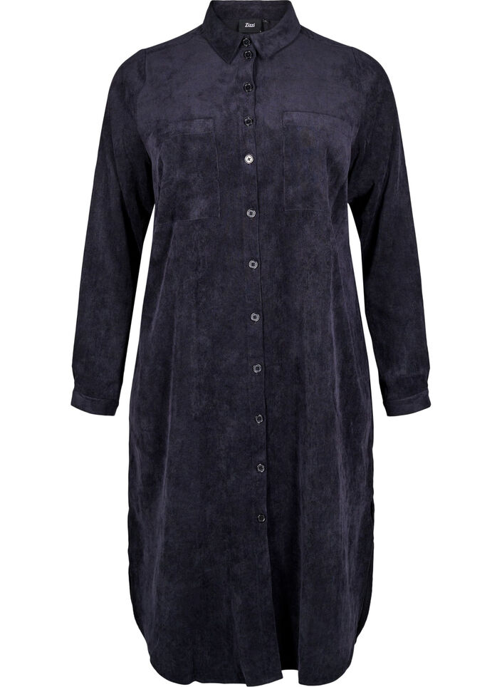 Long corduroy shirt dress with buttons, Black, Packshot image number 0