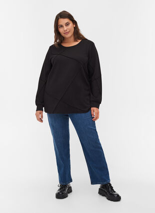 Long-sleeved sweat blouse with rounded neckline, Black, Model image number 3