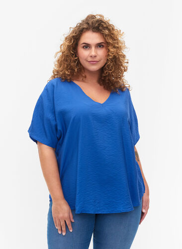 Short-sleeved viscose blouse with v-neck, Dazzling Blue, Model image number 0