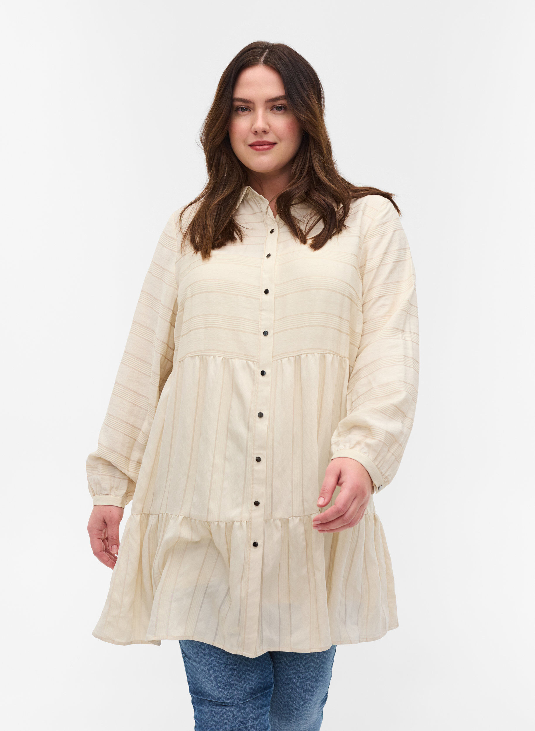 Zizzifashion Patterned viscose tunic with buttons and long sleeves, Fog, Model image number 0