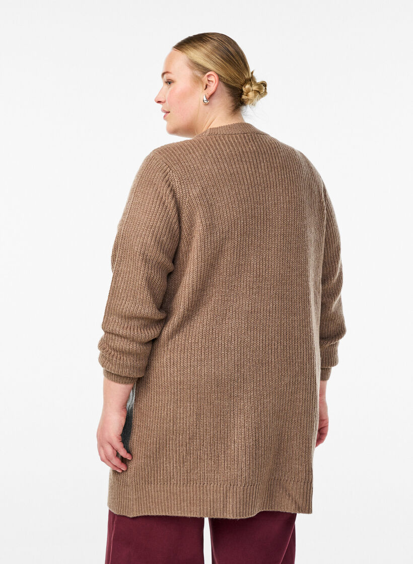 FLASH - Long rib knit cardigan with pockets, Brown, Model image number 2