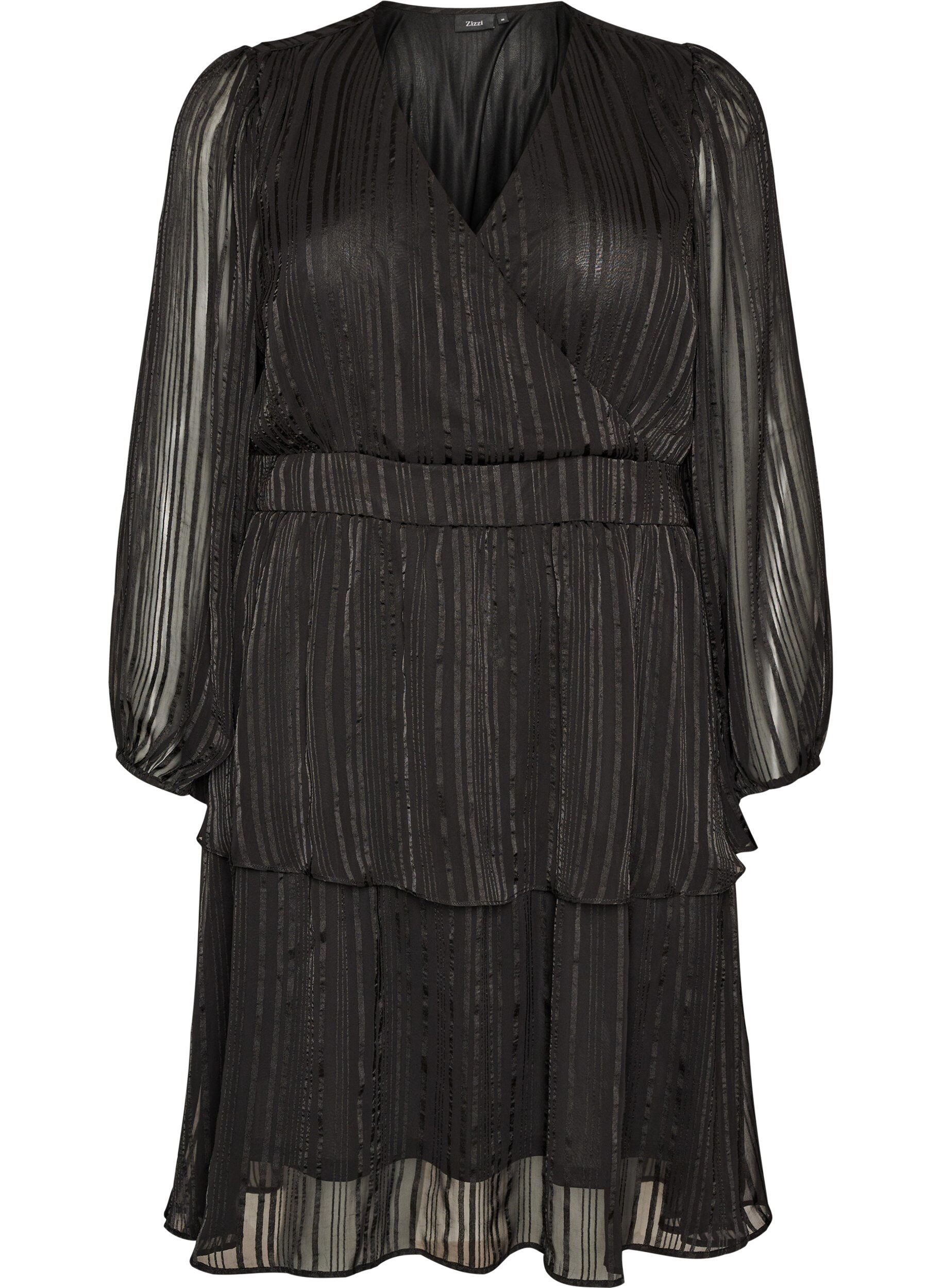 ZizzifashionKnee-length dress with sheer stripes and wrap effect, Black, Packshot image number 0