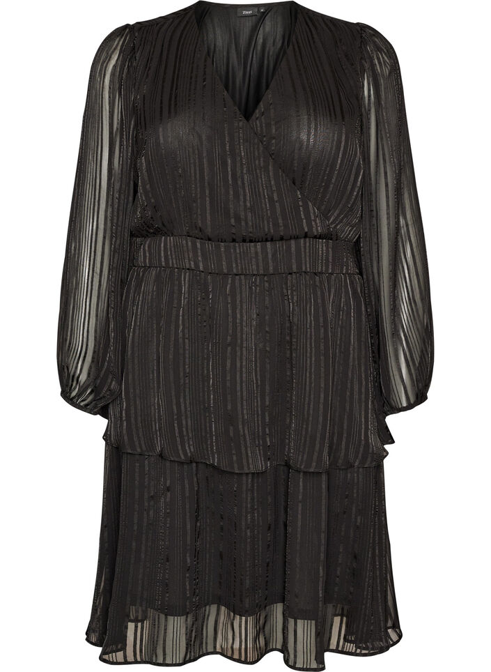 Knee-length dress with sheer stripes and wrap effect, Black, Packshot image number 0