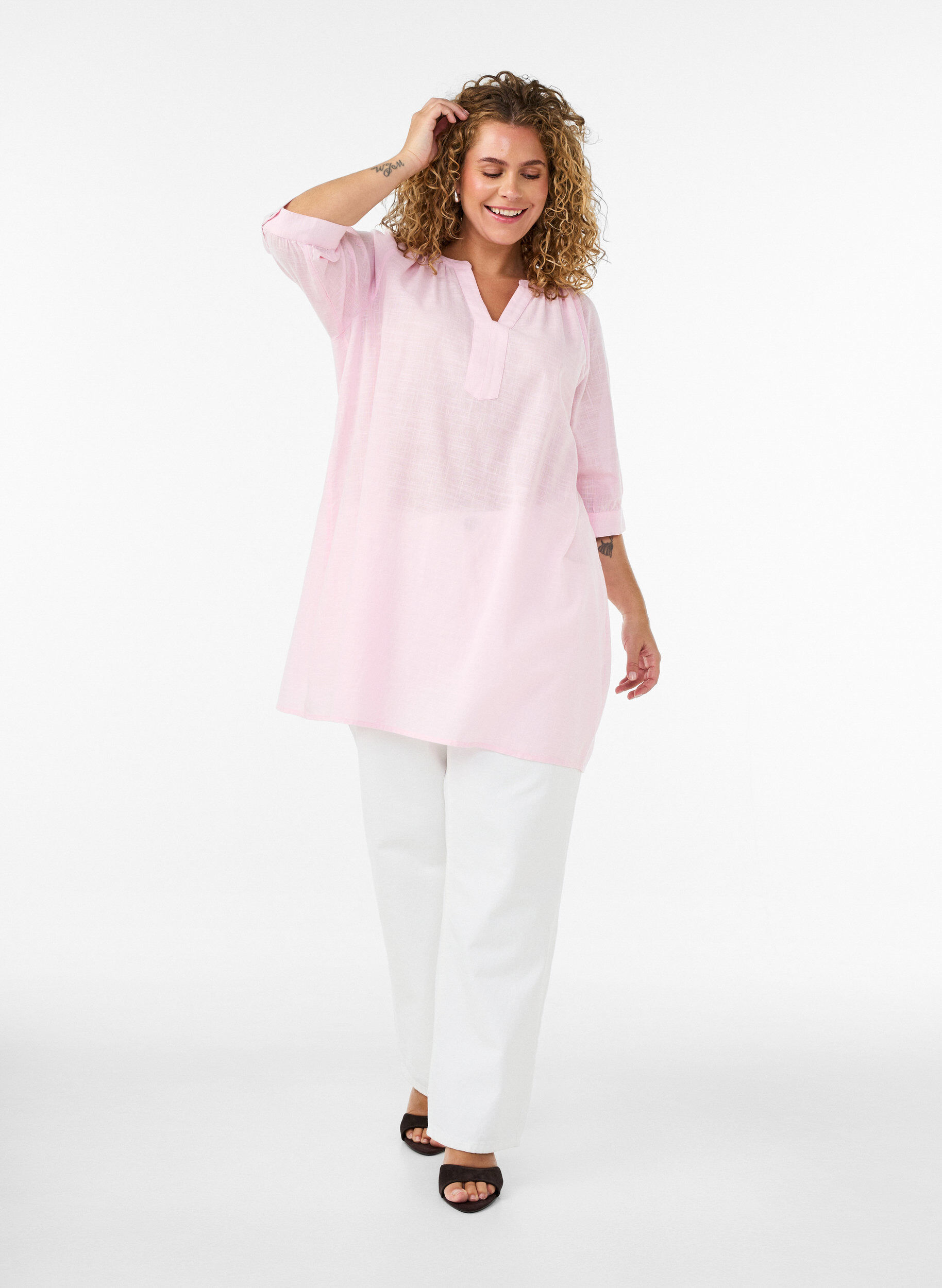 ZizzifashionCotton tunic with a V-neck, Rose, Model image number 1
