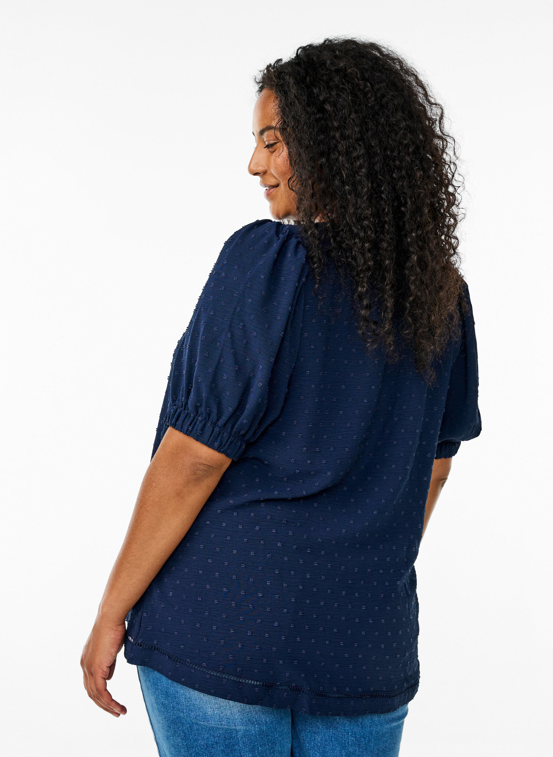 Zizzifashion Blouse with short puff sleeves and dotted texture, Navy Blazer, Model image number 1